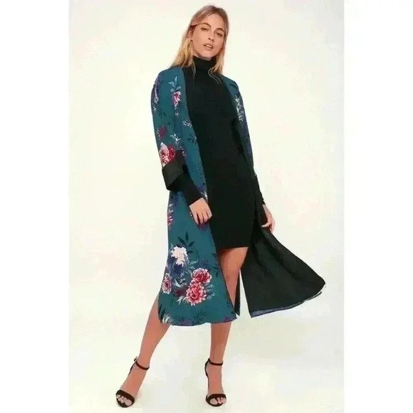Lulus Lotus Party Teal Blue Floral Print Midi Robe Dress - Size S - Picture 2 of 16